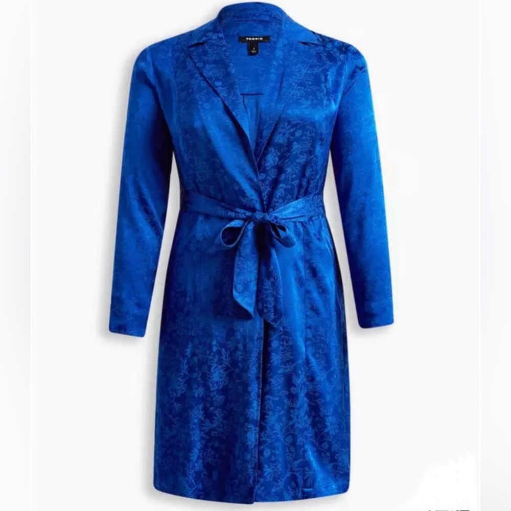 Torrid A BLUE JACQUARD TRENCH 2 2X Blue Women Wrap Tie Waist Paisley 100% Rayon